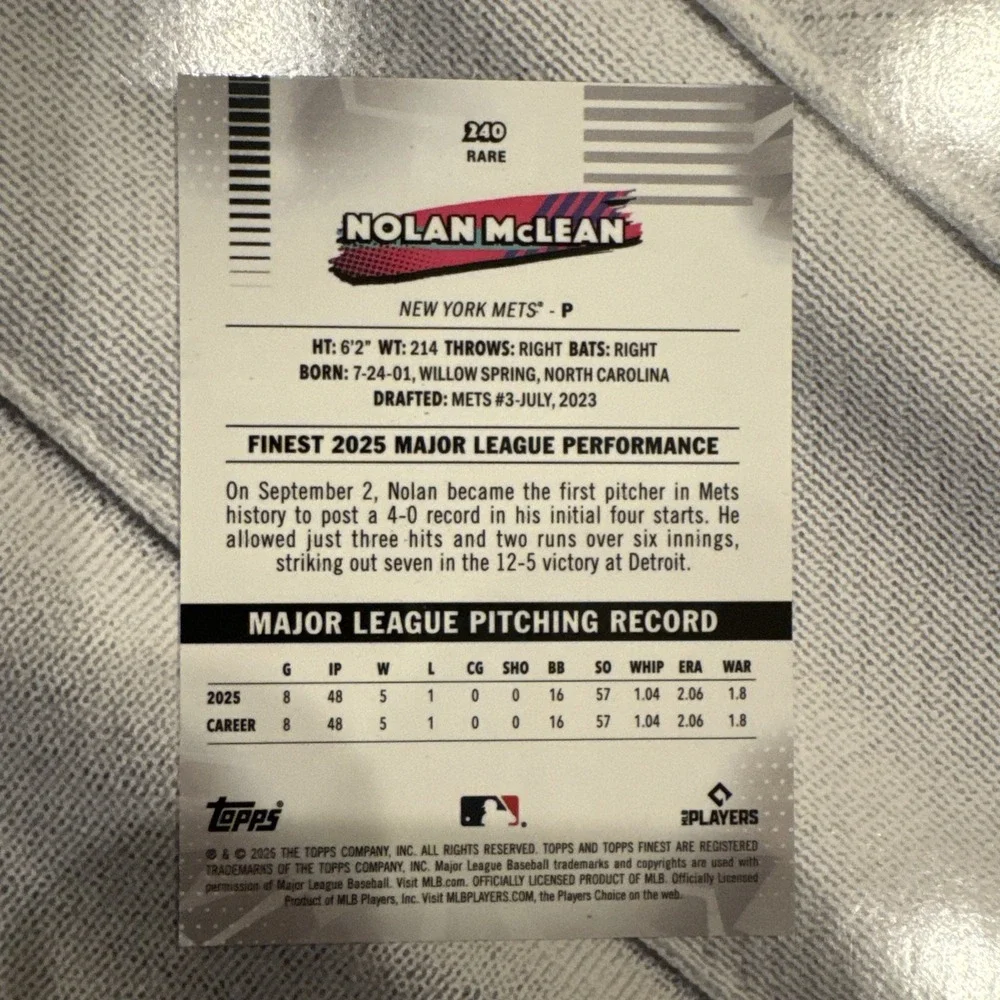 2026 Topps Finest Nolan McLean RC /275 RARE Yellow Refractor Mets Rookie #240